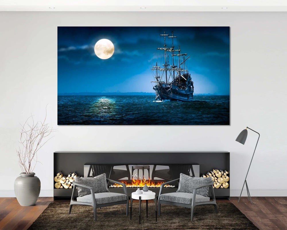 Vintage Ship in Night Sea Original Decor for Home, Moon Light Pictures Wall Decor, Seascape with Ship