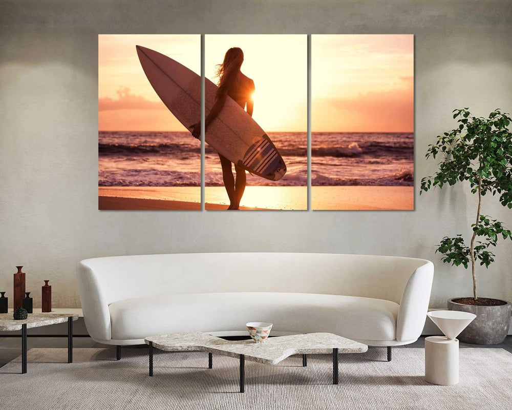 Surfing Art for Living Room, Girl with Surfboard Pictures Wall Decor, Surfing Artwork for Home