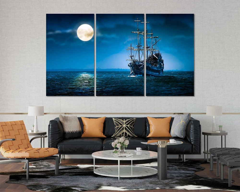 Vintage Ship in Night Sea Original Decor for Home, Moon Light Pictures Wall Decor, Seascape with Ship