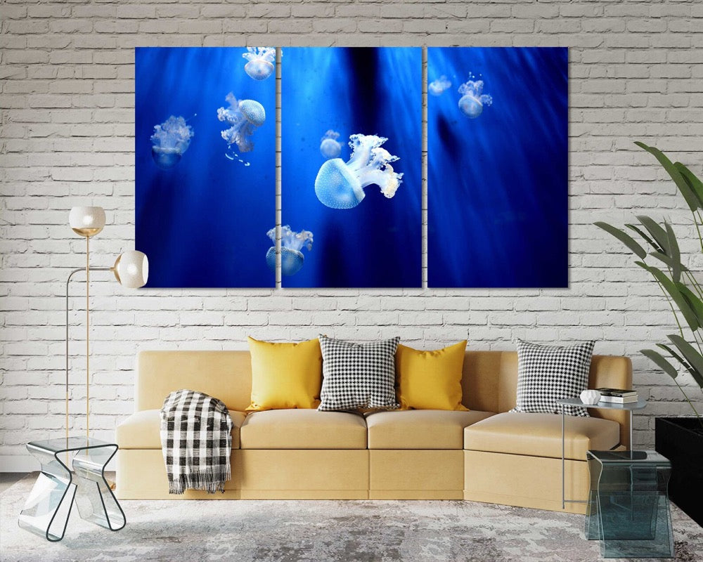 Cute Little Jellyfish Art for Wall, Blue Jellyfish Print on Canvas Decor, Aquarium Design Art Home