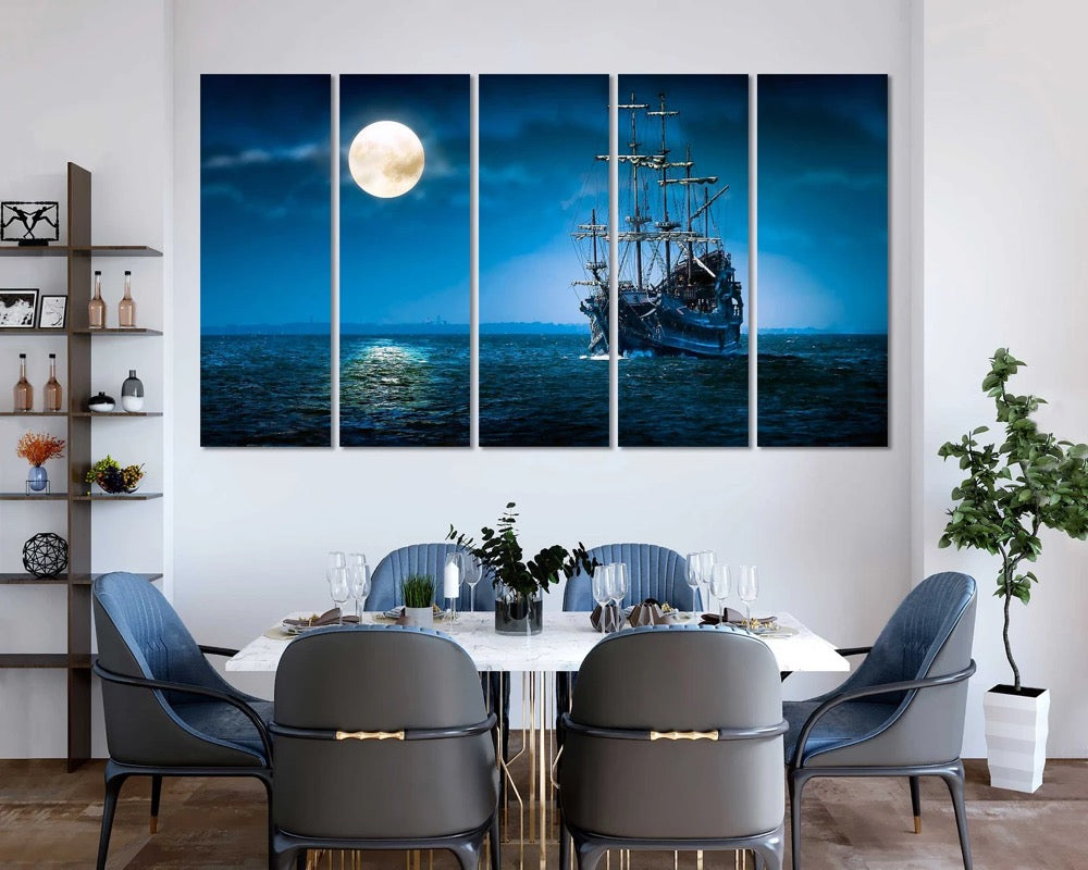 Vintage Ship in Night Sea Original Decor for Home, Moon Light Pictures Wall Decor, Seascape with Ship
