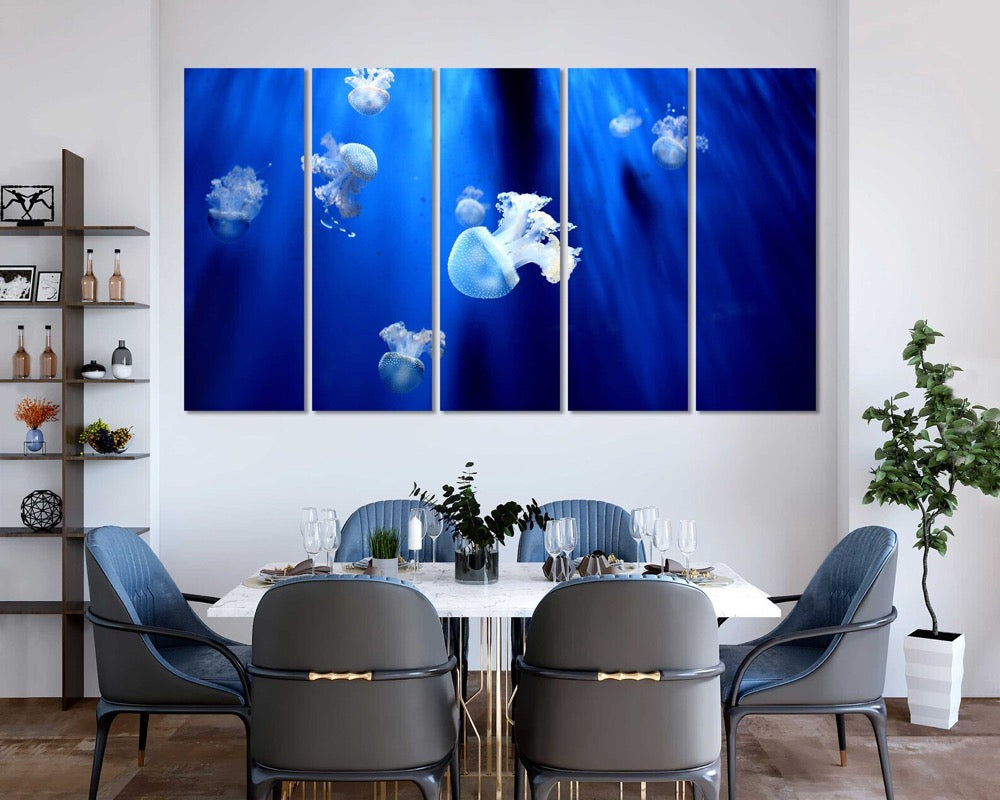 Cute Little Jellyfish Art for Wall, Blue Jellyfish Print on Canvas Decor, Aquarium Design Art Home