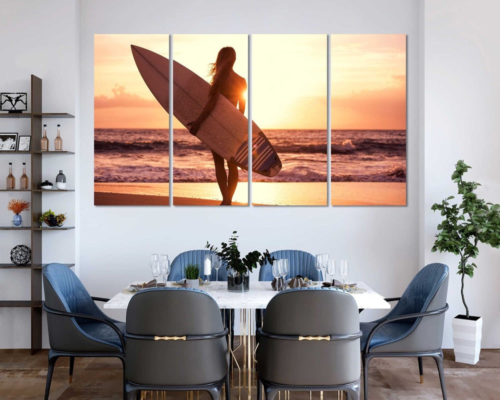 Surfing Art for Living Room, Girl with Surfboard Pictures Wall Decor, Surfing Artwork for Home