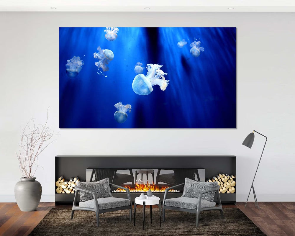 Cute Little Jellyfish Art for Wall, Blue Jellyfish Print on Canvas Decor, Aquarium Design Art Home