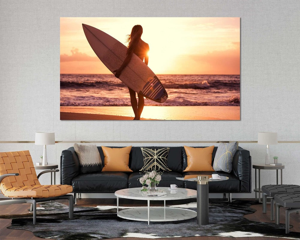 Surfing Art for Living Room, Girl with Surfboard Pictures Wall Decor, Surfing Artwork for Home
