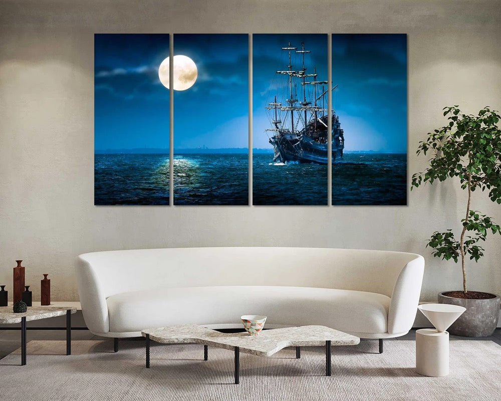Vintage Ship in Night Sea Original Decor for Home, Moon Light Pictures Wall Decor, Seascape with Ship