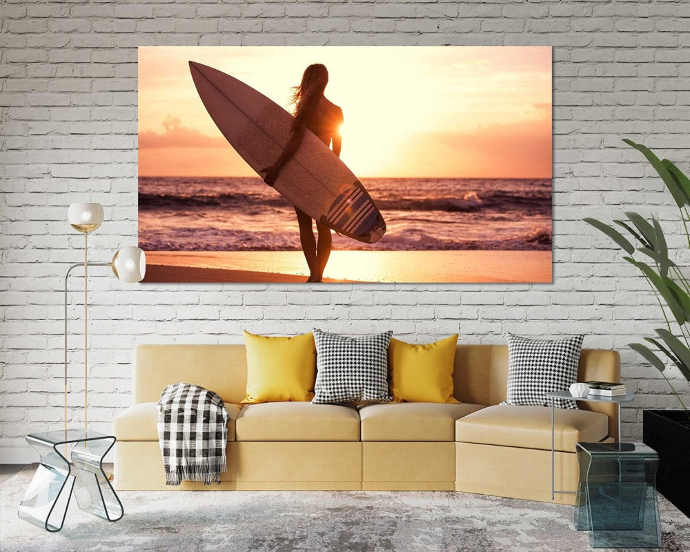 Surfing Art for Living Room, Girl with Surfboard Pictures Wall Decor, Surfing Artwork for Home