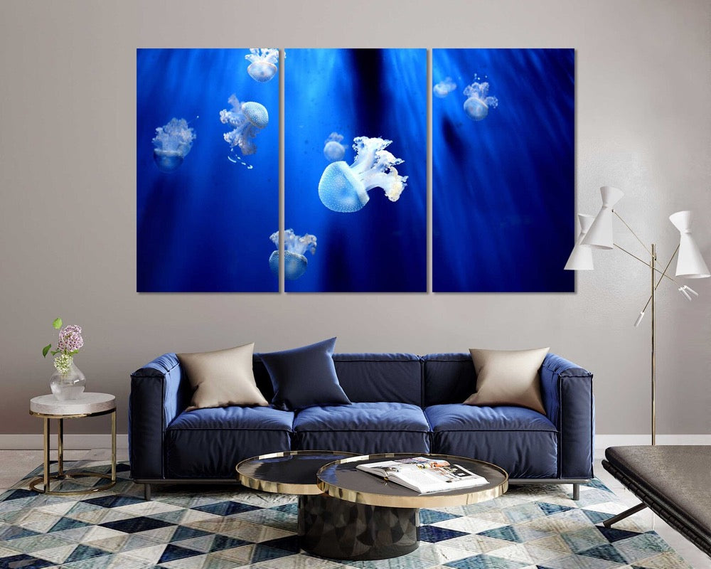 Cute Little Jellyfish Art for Wall, Blue Jellyfish Print on Canvas Decor, Aquarium Design Art Home