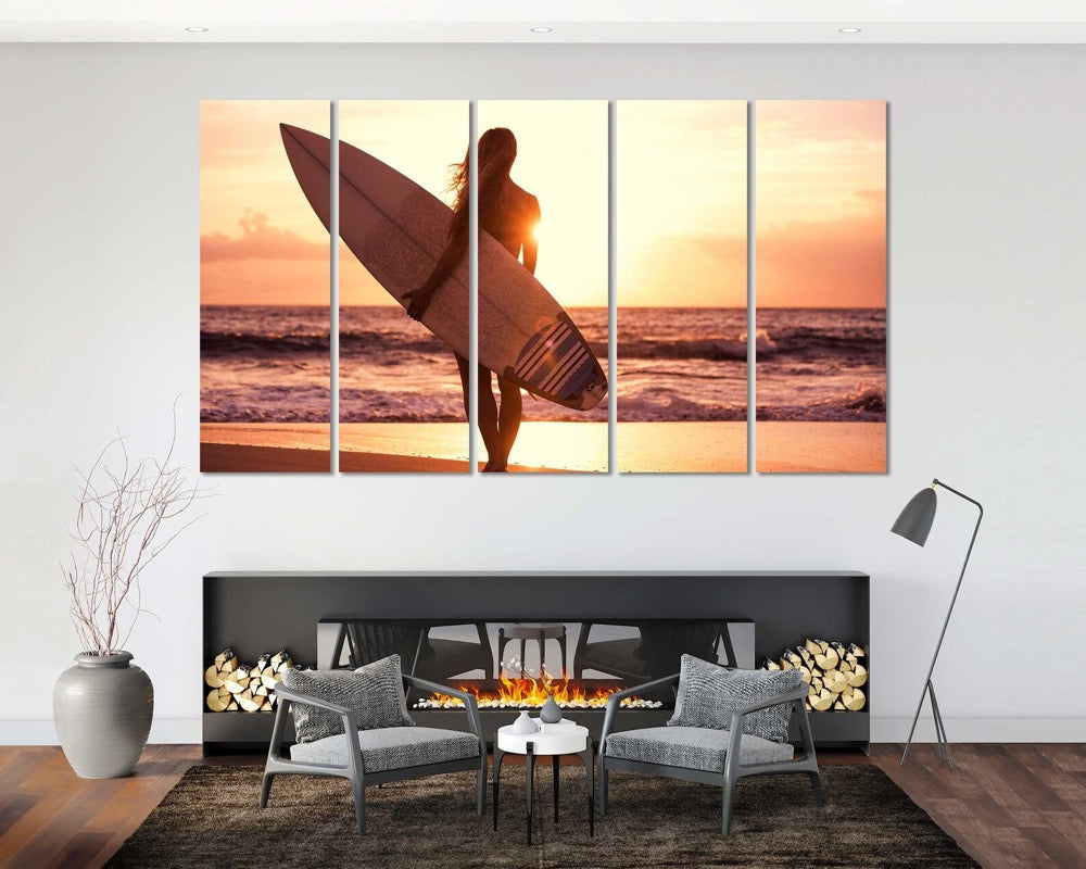 Surfing Art for Living Room, Girl with Surfboard Pictures Wall Decor, Surfing Artwork for Home